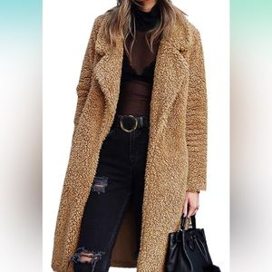 Love Tree Womens Camel Khaki Long Sherpa Jacket with Hidden Magnetic Button